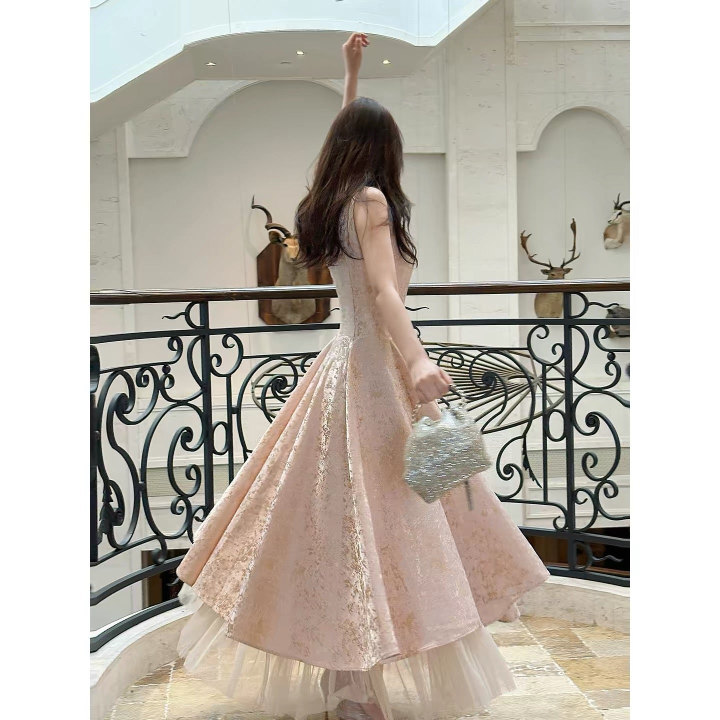 Einfaches A-Linien-Partykleid mit U-Ausschnitt, rosa Satin, knöchellang, für den Abschlussball N2048
