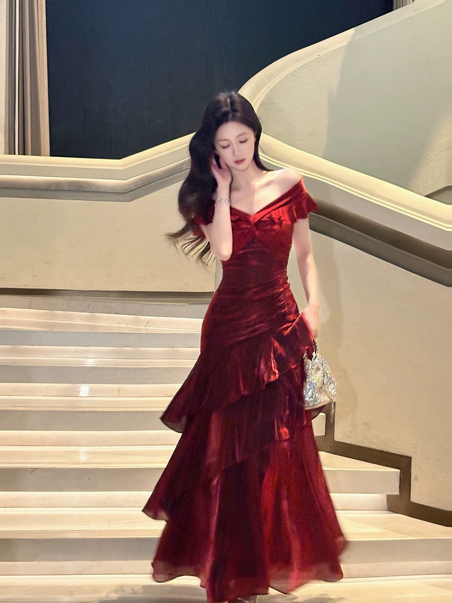 Sirène Élégante Épaules Dénudées Bleu Royal Manches Courtes Longues Robes de Soirée Robes de Bal N2050