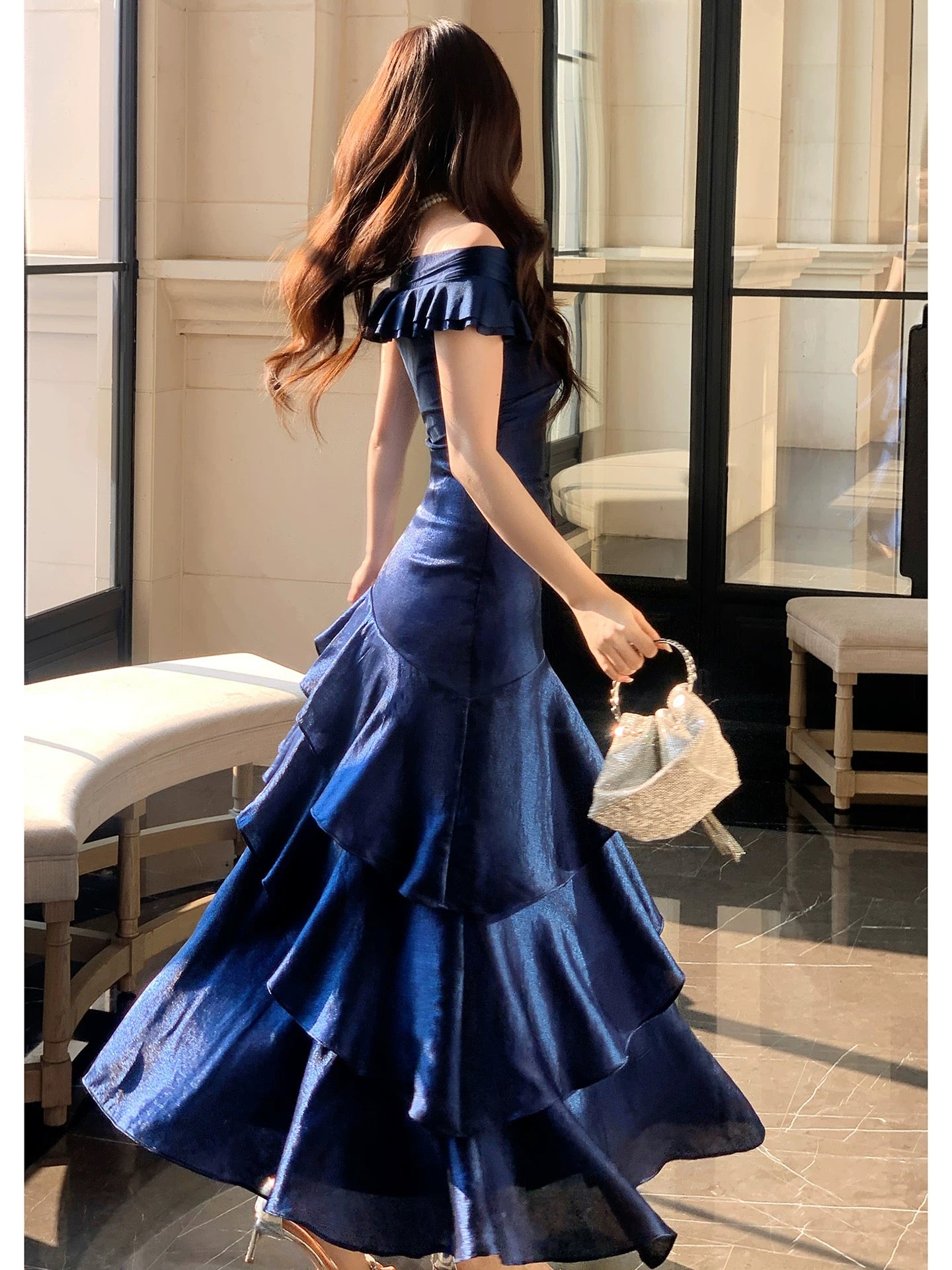 Sirène Élégante Épaules Dénudées Bleu Royal Manches Courtes Longues Robes de Soirée Robes de Bal N2050