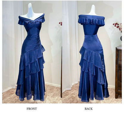 Robe De Soirée Longue De Bal Sirène Chic Noire Épaules Dénudées Manches Courtes N2056