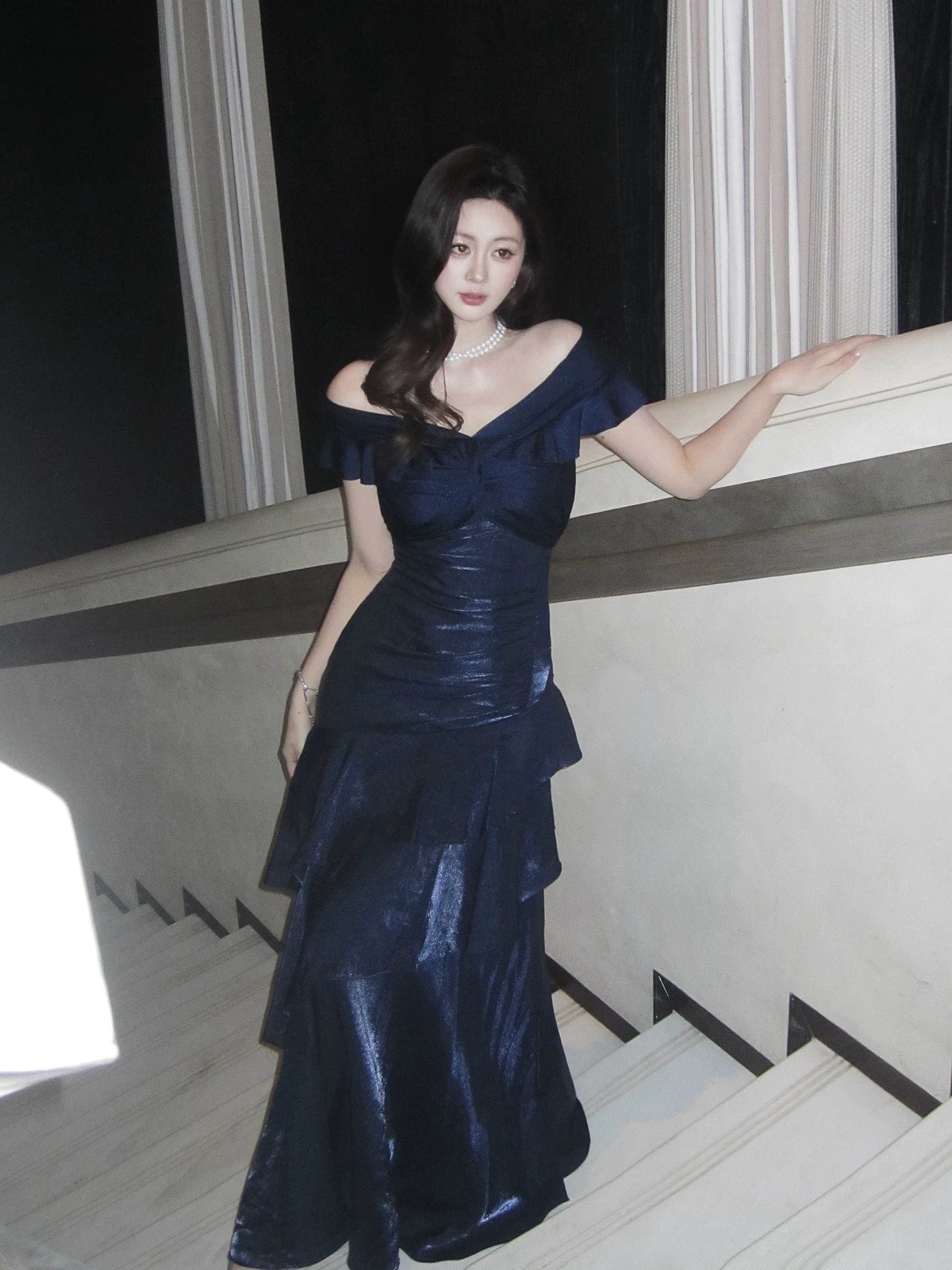 Robe De Bal De Soirée Chic Sirène Épaules Dénudées Bleu Royal Manches Courtes Robes Longues N2051