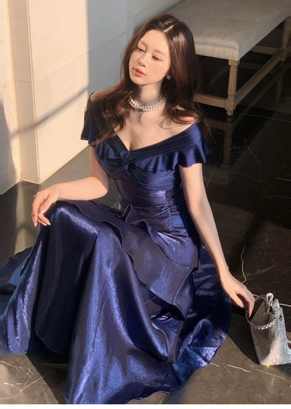 Robe De Bal De Soirée Chic Sirène Épaules Dénudées Bleu Royal Manches Courtes Robes Longues N2051