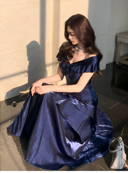Robe De Bal De Soirée Chic Sirène Épaules Dénudées Bleu Royal Manches Courtes Robes Longues N2051