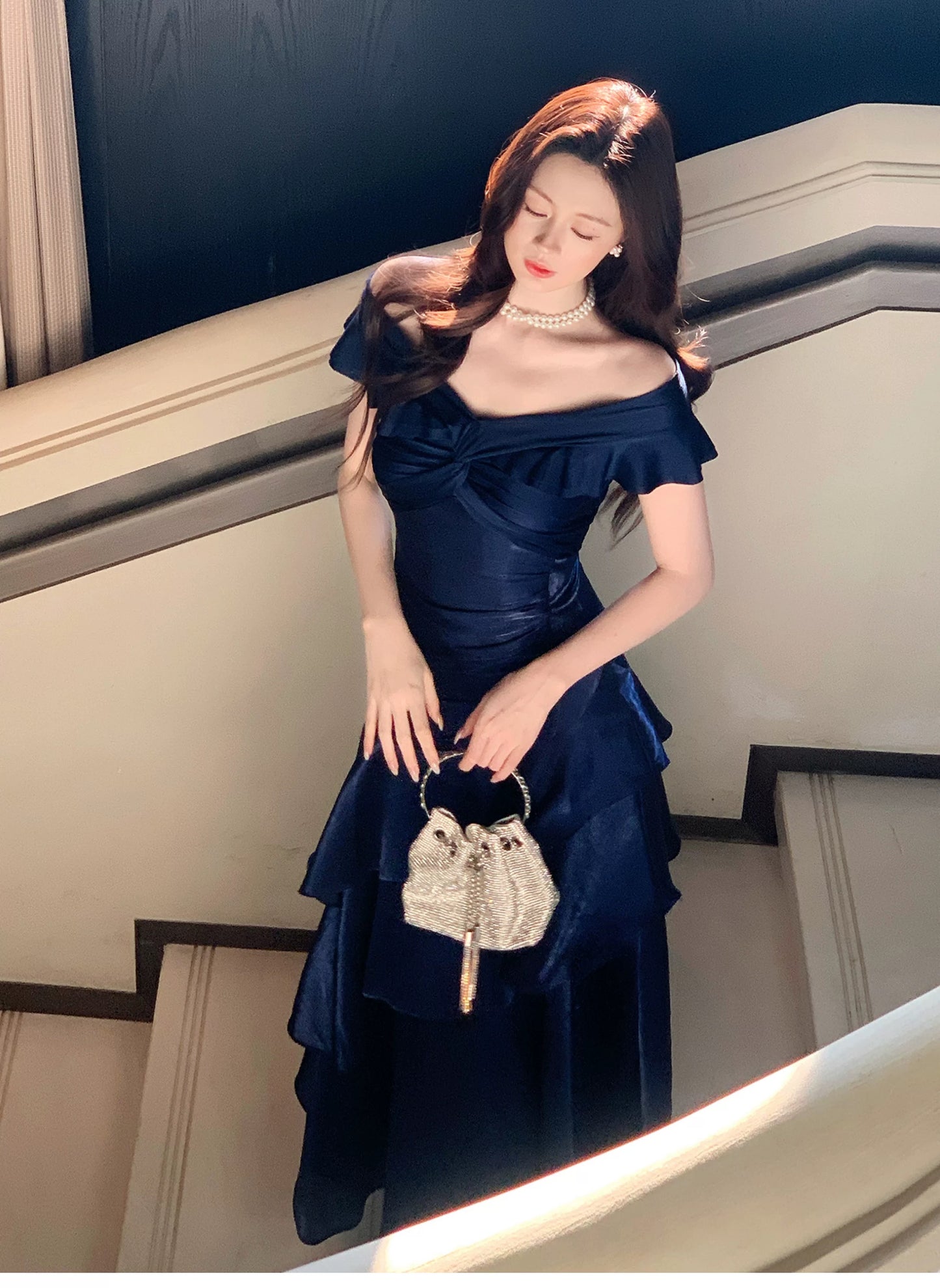 Robe De Bal De Soirée Chic Sirène Épaules Dénudées Bleu Royal Manches Courtes Robes Longues N2051