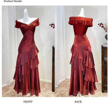 Robe De Soirée Longue De Bal Sirène Chic Noire Épaules Dénudées Manches Courtes N2056
