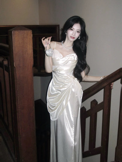 Classic Mermaid Spaghetti Straps Ivory Pleated Inspiration Long Wedding Party Guest Dresses N2051