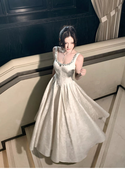 Classic A Line Square Neck Ivory Satin Inspiration Long Wedding Party Guest Dresses N2052