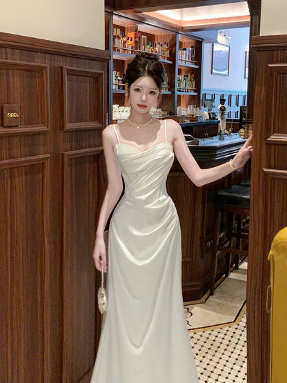Einfaches Meerjungfrau-Spaghettiträger-Satin-Knöchellanges Abendkleid Ballkleid N2054