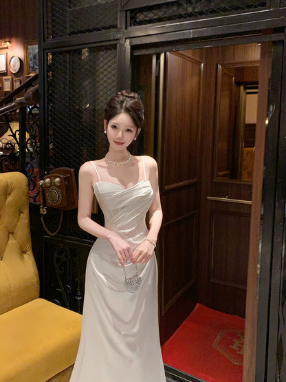 Einfaches Meerjungfrau-Spaghettiträger-Satin-Knöchellanges Abendkleid Ballkleid N2054