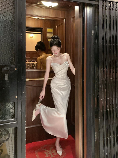 Einfaches Meerjungfrau-Spaghettiträger-Satin-Knöchellanges Abendkleid Ballkleid N2054