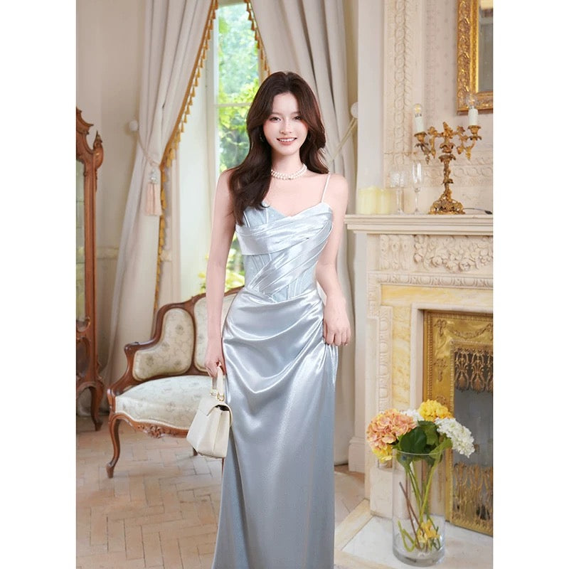 Einfaches Meerjungfrau-Spaghettiträger-Satin-Knöchellanges Abendkleid Ballkleid N2054