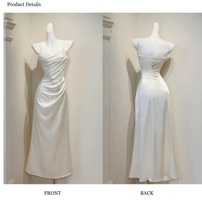 Einfaches Meerjungfrau-Spaghettiträger-Satin-Knöchellanges Abendkleid Ballkleid N2054