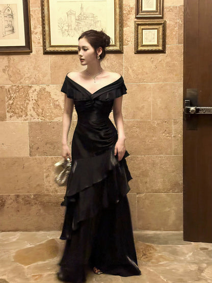 Robe De Soirée Longue De Bal Sirène Chic Noire Épaules Dénudées Manches Courtes N2056