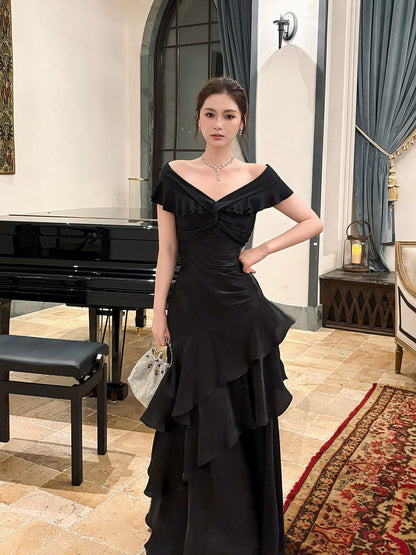 Robe De Soirée Longue De Bal Sirène Chic Noire Épaules Dénudées Manches Courtes N2056