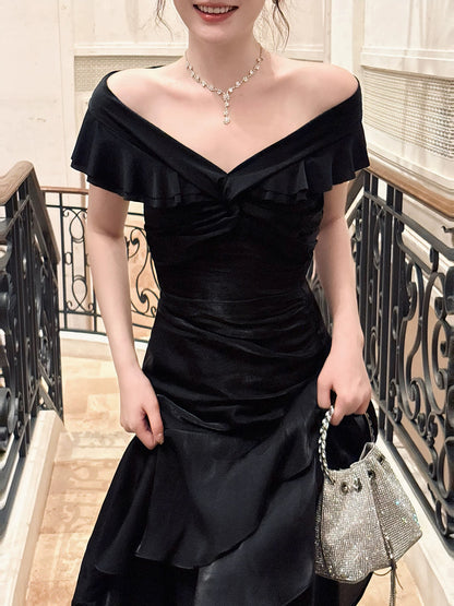 Robe De Soirée Longue De Bal Sirène Chic Noire Épaules Dénudées Manches Courtes N2056