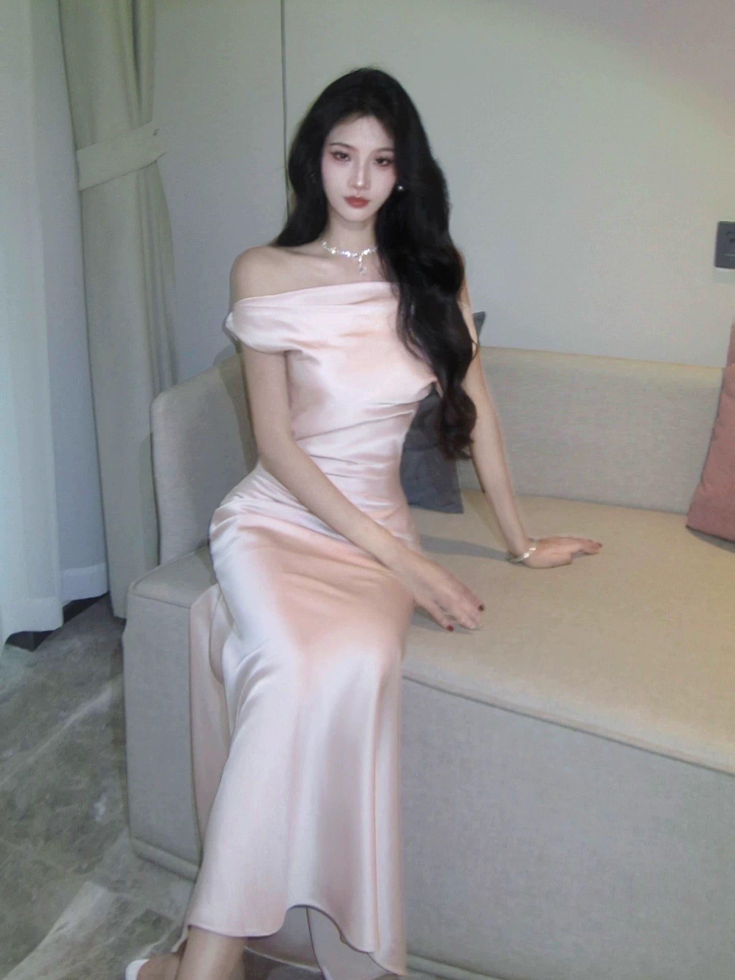 French Style Mermaid Off The Shoulder Satin Slit Inspiration Long Prom Wedding Guest Dresses N2063