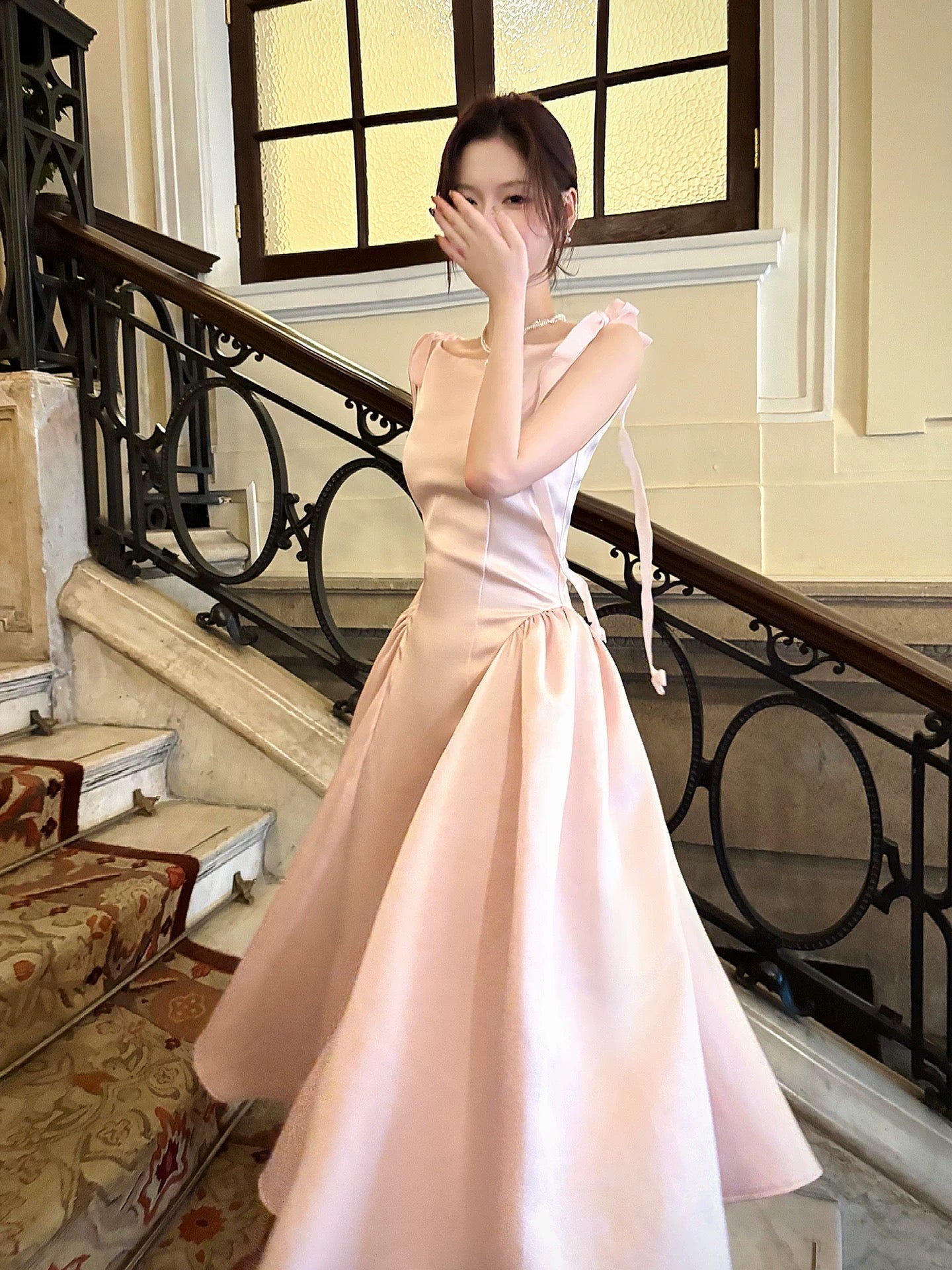 French Style Simple A Line Pink Satin Inspiration Long Prom Wedding Guest Dresses N2064