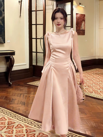 French Style Simple A Line Pink Satin Inspiration Long Prom Wedding Guest Dresses N2064