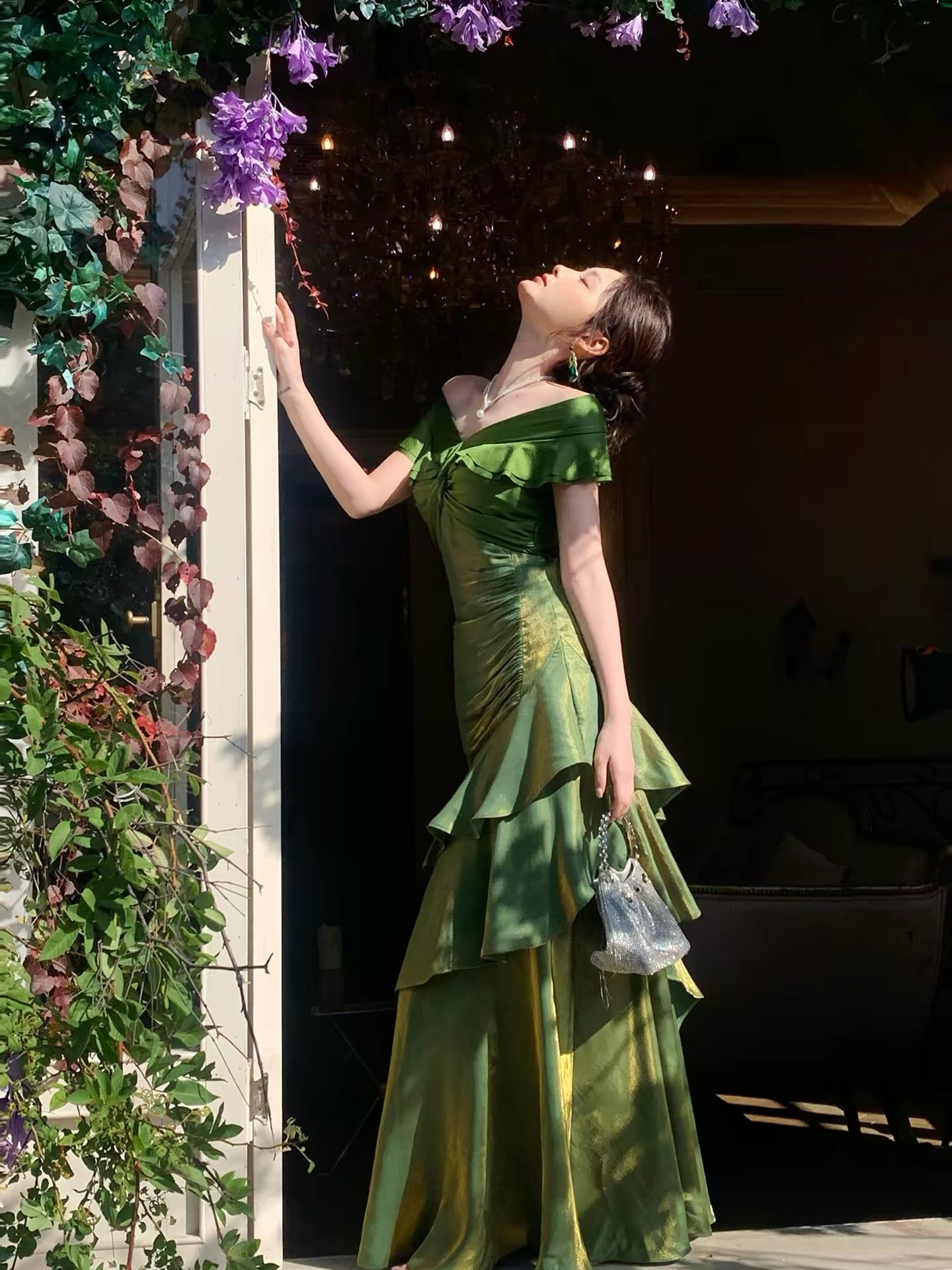 Elegantes Meerjungfrauen-Abendkleid, schulterfrei, dunkelgrün mit kurzen Ärmeln, lange formelle Kleider, Ballkleider N2066