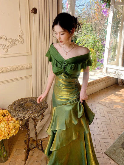 Elegantes Meerjungfrauen-Abendkleid, schulterfrei, dunkelgrün mit kurzen Ärmeln, lange formelle Kleider, Ballkleider N2066