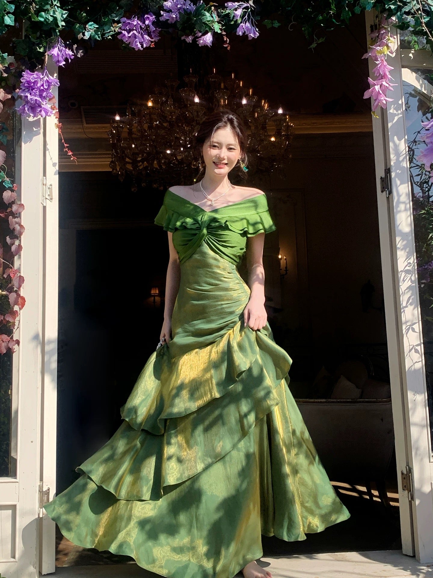 Elegantes Meerjungfrauen-Abendkleid, schulterfrei, dunkelgrün mit kurzen Ärmeln, lange formelle Kleider, Ballkleider N2066