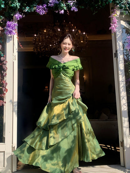 Elegantes Meerjungfrauen-Abendkleid, schulterfrei, dunkelgrün mit kurzen Ärmeln, lange formelle Kleider, Ballkleider N2066
