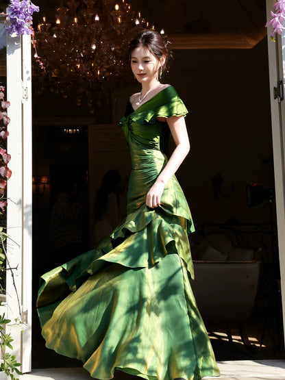 Elegantes Meerjungfrauen-Abendkleid, schulterfrei, dunkelgrün mit kurzen Ärmeln, lange formelle Kleider, Ballkleider N2066