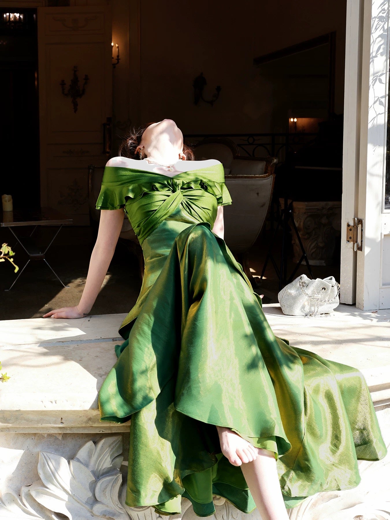 Elegantes Meerjungfrauen-Abendkleid, schulterfrei, dunkelgrün mit kurzen Ärmeln, lange formelle Kleider, Ballkleider N2066