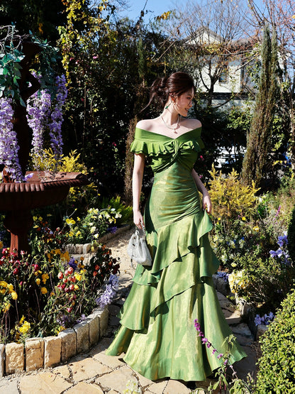 Elegantes Meerjungfrauen-Abendkleid, schulterfrei, dunkelgrün mit kurzen Ärmeln, lange formelle Kleider, Ballkleider N2066