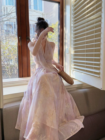 Robes de soirée longues pour femmes en mousseline de soie lilas style français modeste coupe trapèze à col halter N2069