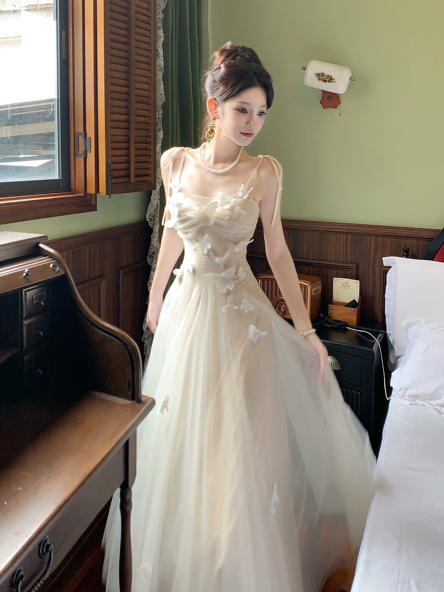Robes de bal longues pour femmes, style français modeste, bretelles spaghetti, tulle, ligne A, tenues de soirée formelles N2075