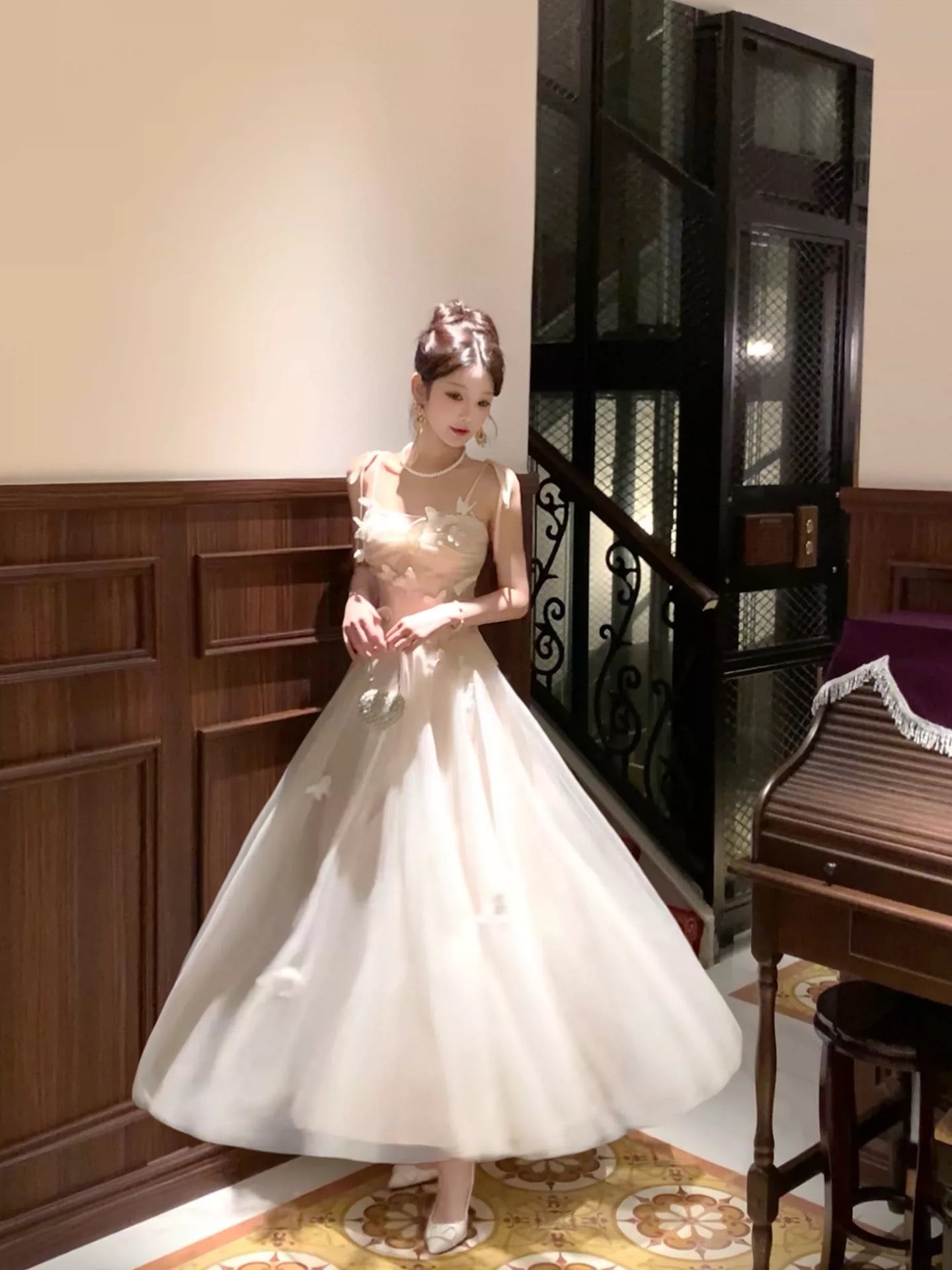 Robes de bal longues pour femmes, style français modeste, bretelles spaghetti, tulle, ligne A, tenues de soirée formelles N2075