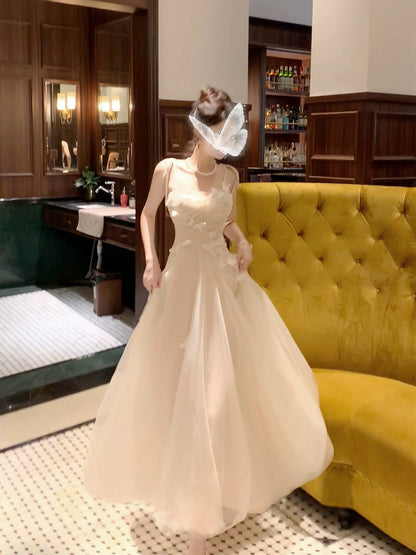 Robes de bal longues pour femmes, style français modeste, bretelles spaghetti, tulle, ligne A, tenues de soirée formelles N2075