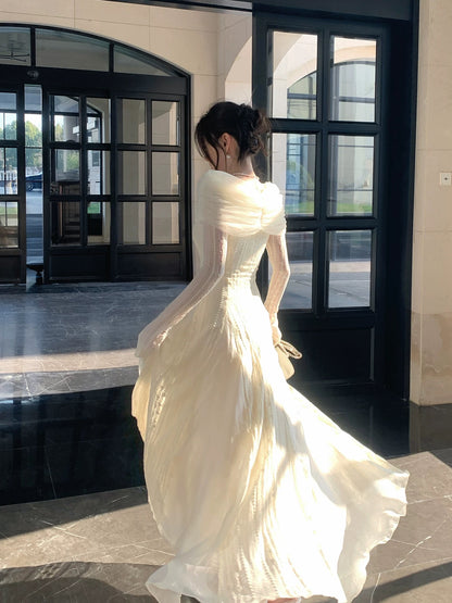 Simple A line Off The Shoulder White Lace Inspiration Long Sleeves Wedding Party Guest Dresses N2076