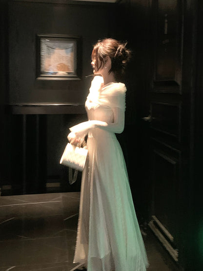 Simple A line Off The Shoulder White Lace Inspiration Long Sleeves Wedding Party Guest Dresses N2076