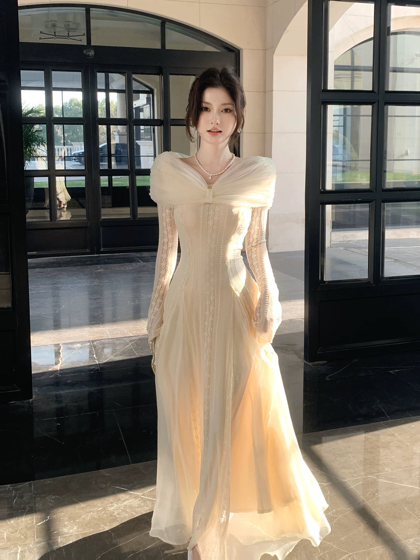 Simple A line Off The Shoulder White Lace Inspiration Long Sleeves Wedding Party Guest Dresses N2076
