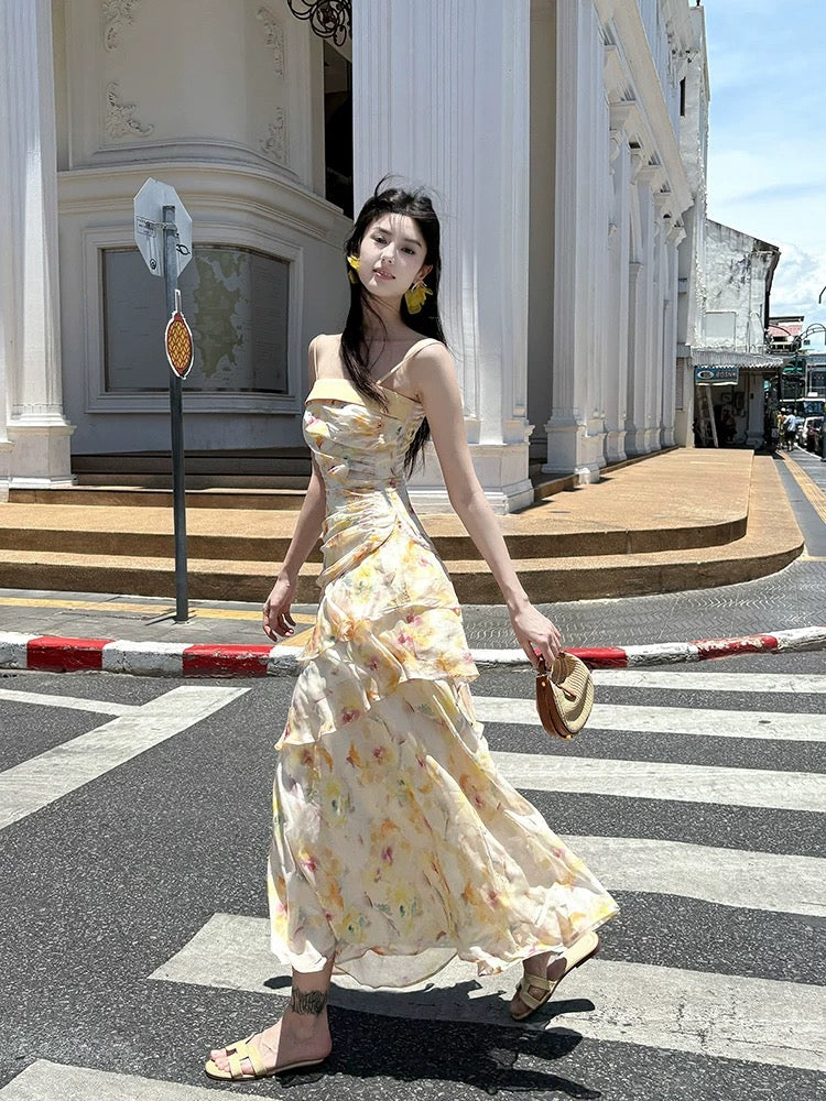 Modest French Style Mermaid Spaghetti Straps Yellow Floral Chiffon Fashion Women Long Formal Outfits Prom Dresses N2078