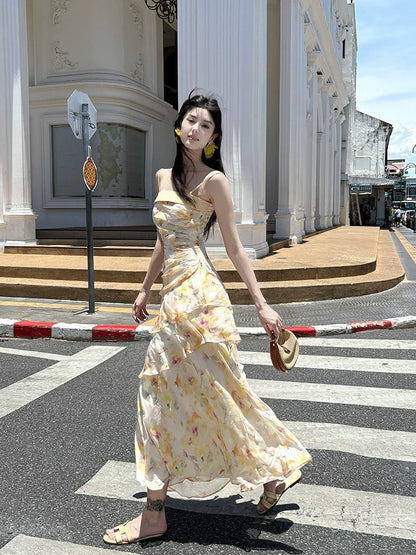 Modest French Style Mermaid Spaghetti Straps Yellow Floral Chiffon Fashion Women Long Formal Outfits Prom Dresses N2078