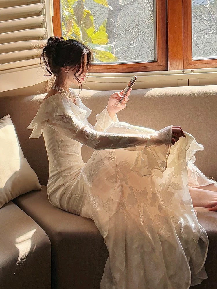Simple Mermaid Off The Shoulder White Lace Inspiration Long Sleeves Wedding Party Guest Dresses N2079