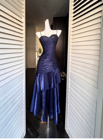 Schlichte Meerjungfrau Spaghetti-Träger Königlich Blau Satin Inspiration Lange Hochzeitsfeier Ball Gast Kleider N2080