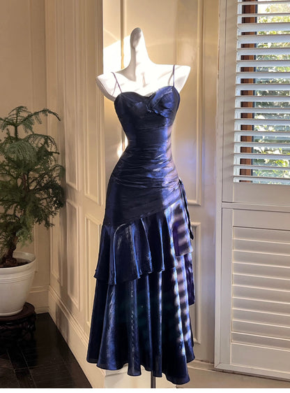 Schlichte Meerjungfrau Spaghetti-Träger Königlich Blau Satin Inspiration Lange Hochzeitsfeier Ball Gast Kleider N2080