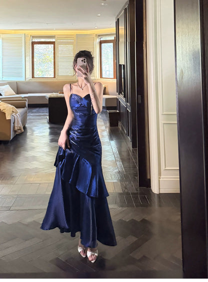 Schlichte Meerjungfrau Spaghetti-Träger Königlich Blau Satin Inspiration Lange Hochzeitsfeier Ball Gast Kleider N2080