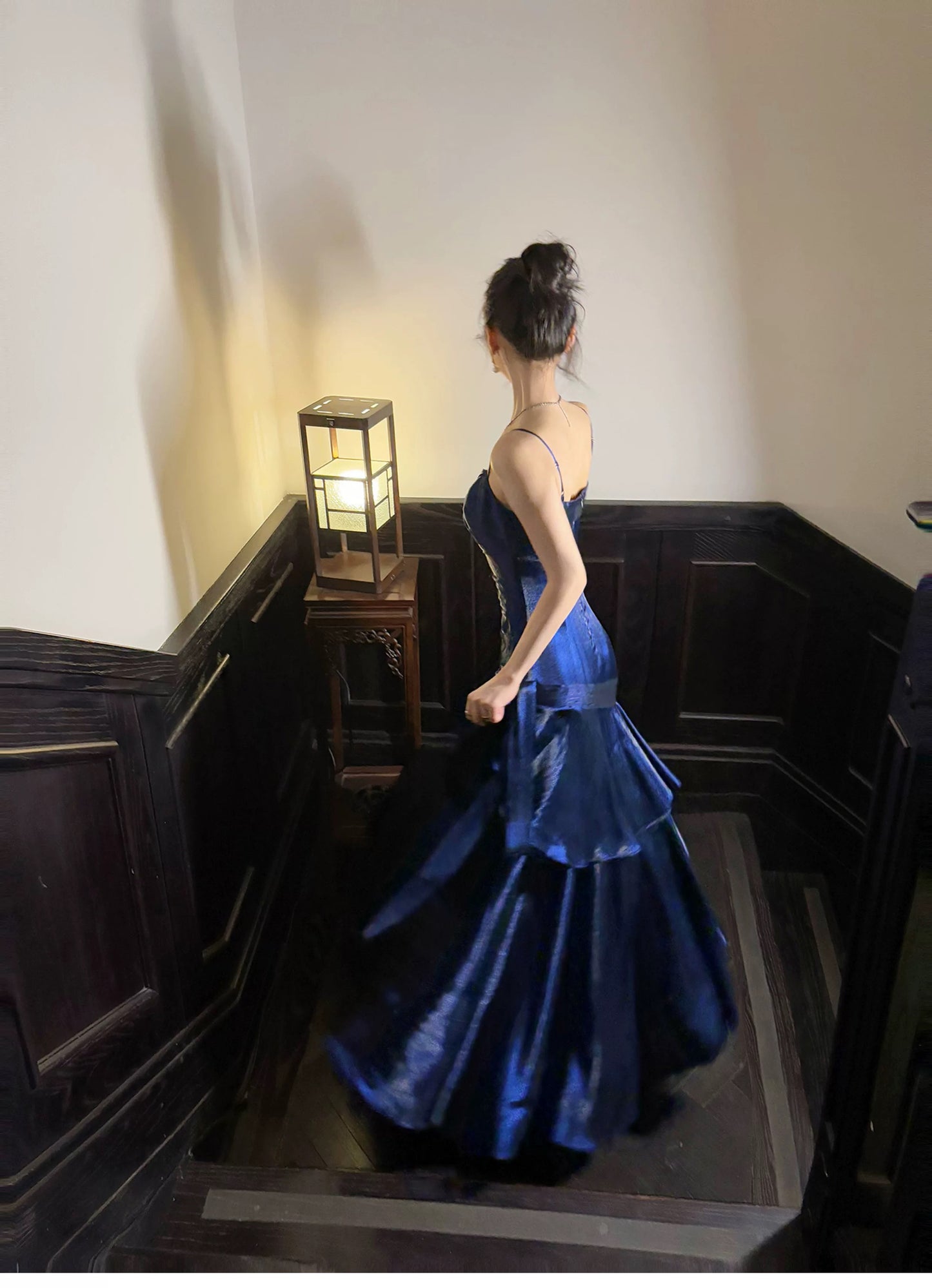 Schlichte Meerjungfrau Spaghetti-Träger Königlich Blau Satin Inspiration Lange Hochzeitsfeier Ball Gast Kleider N2080