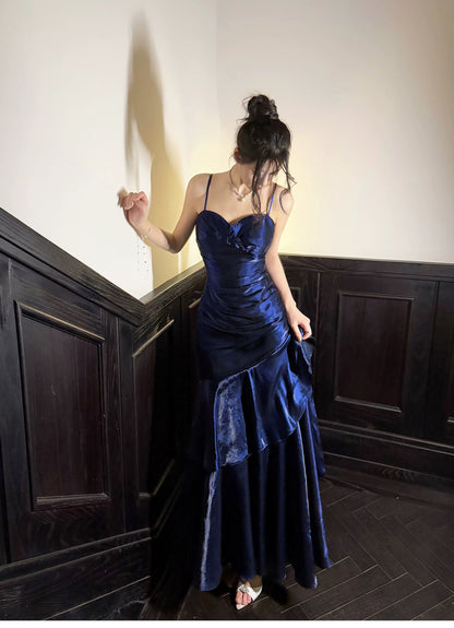 Schlichte Meerjungfrau Spaghetti-Träger Königlich Blau Satin Inspiration Lange Hochzeitsfeier Ball Gast Kleider N2080