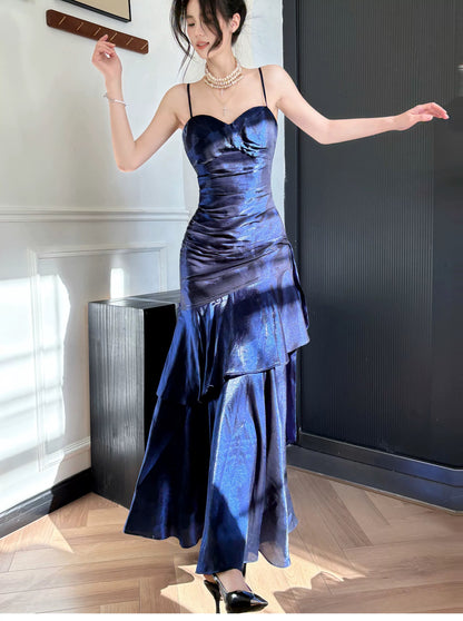 Schlichte Meerjungfrau Spaghetti-Träger Königlich Blau Satin Inspiration Lange Hochzeitsfeier Ball Gast Kleider N2080