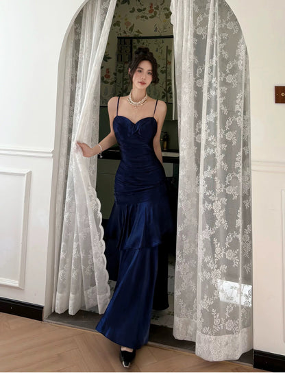 Schlichte Meerjungfrau Spaghetti-Träger Königlich Blau Satin Inspiration Lange Hochzeitsfeier Ball Gast Kleider N2080