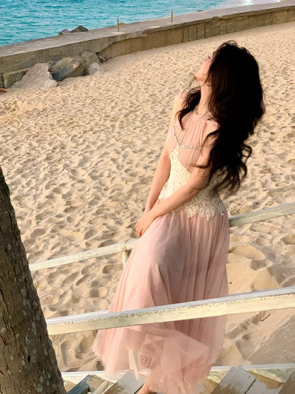 Simple A Line Scoop Pink Chiffon Lace Inspiration Long Wedding Party Guest Dresses N2081