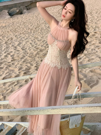 Simple A Line Scoop Pink Chiffon Lace Inspiration Long Wedding Party Guest Dresses N2081