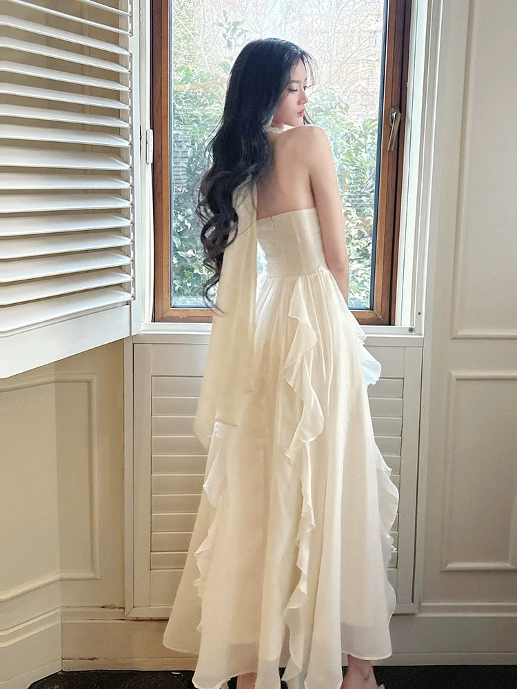 Einfaches A-Linien Neckholder Chiffon Elfenbein Inspiration Langes Hochzeitsfest Ball Gastkleid N2082