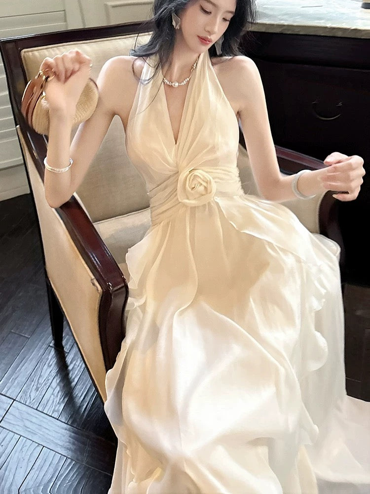 Einfaches A-Linien Neckholder Chiffon Elfenbein Inspiration Langes Hochzeitsfest Ball Gastkleid N2082
